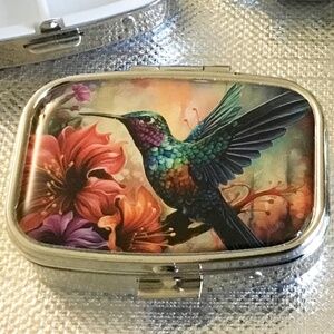Whimsical Hummingbird in Flower Garden Multi-Use Mirrored Pill Box Container